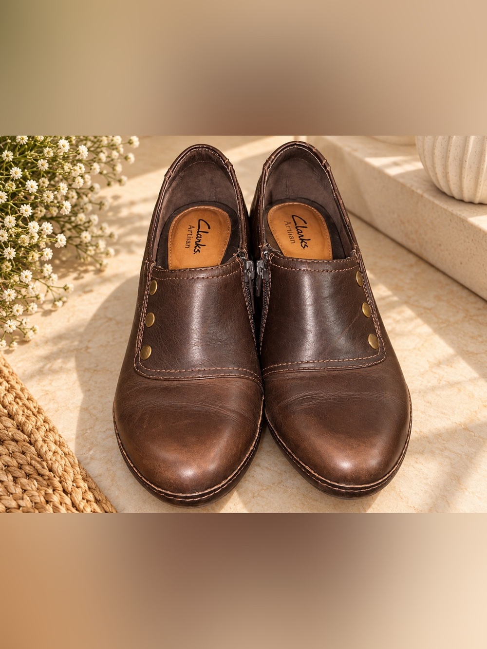 Artisan Brown Leather Slip-On Moccasins with Brass Studs